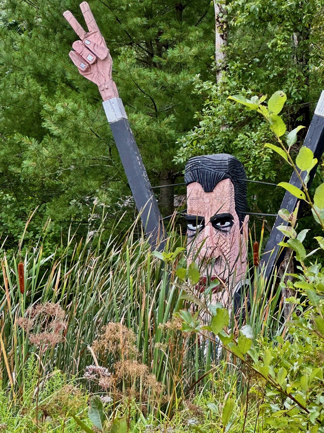 A carved wood figure in a dark suit sleeve raising a hand in a peace sign above a stand of cattails, its painted face half hidden in the reeds.