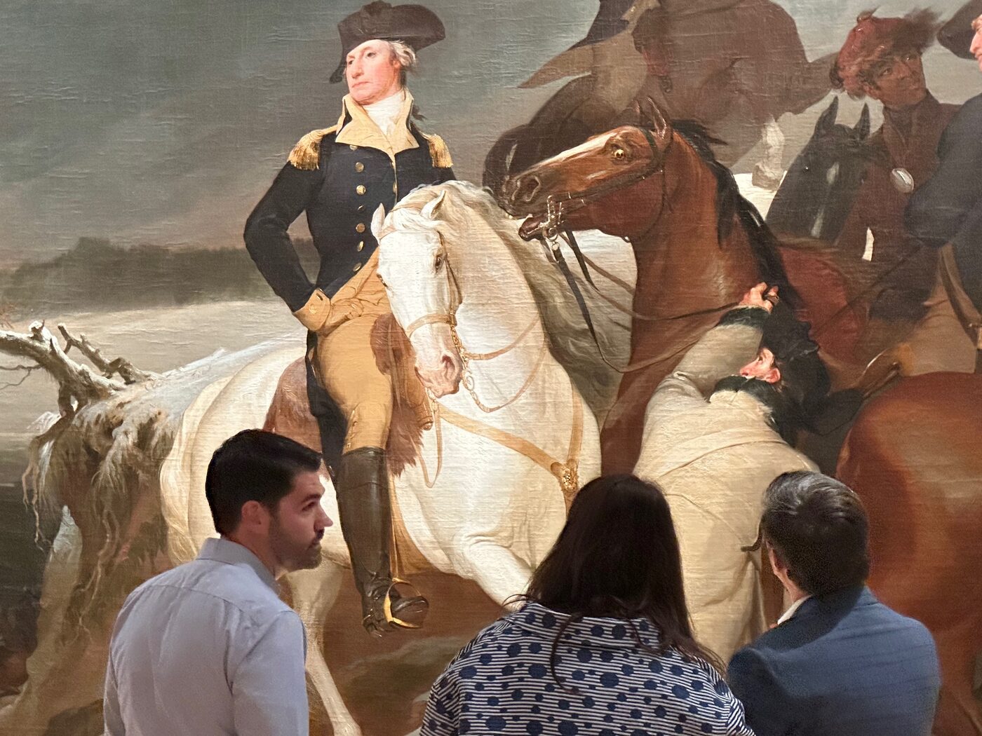 A grand equestrian portrait of a figure on a pale horse in the American art galleries at the MFA, Boston.