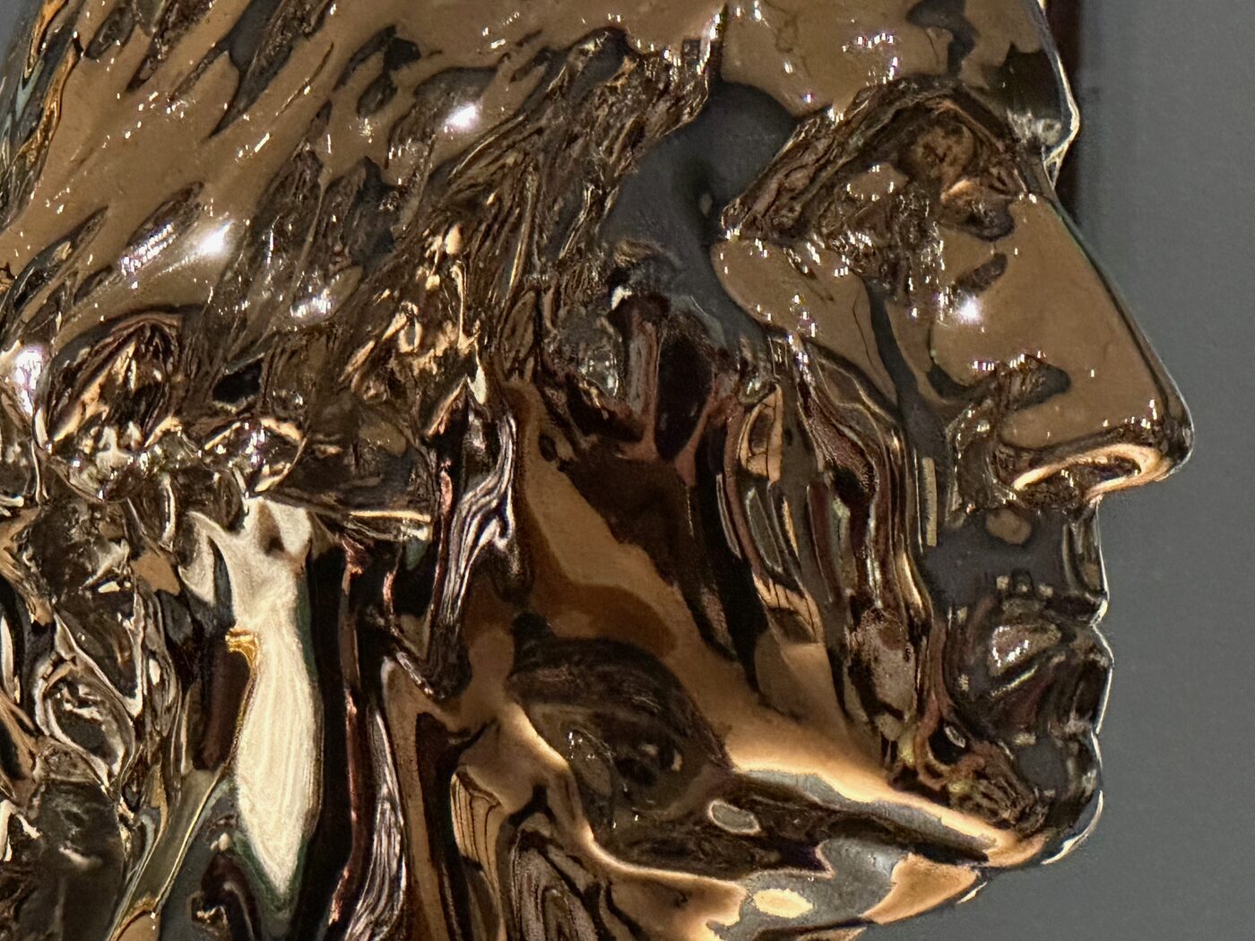 A close view of an elaborately gilded carved object in the American art galleries at the MFA, Boston.