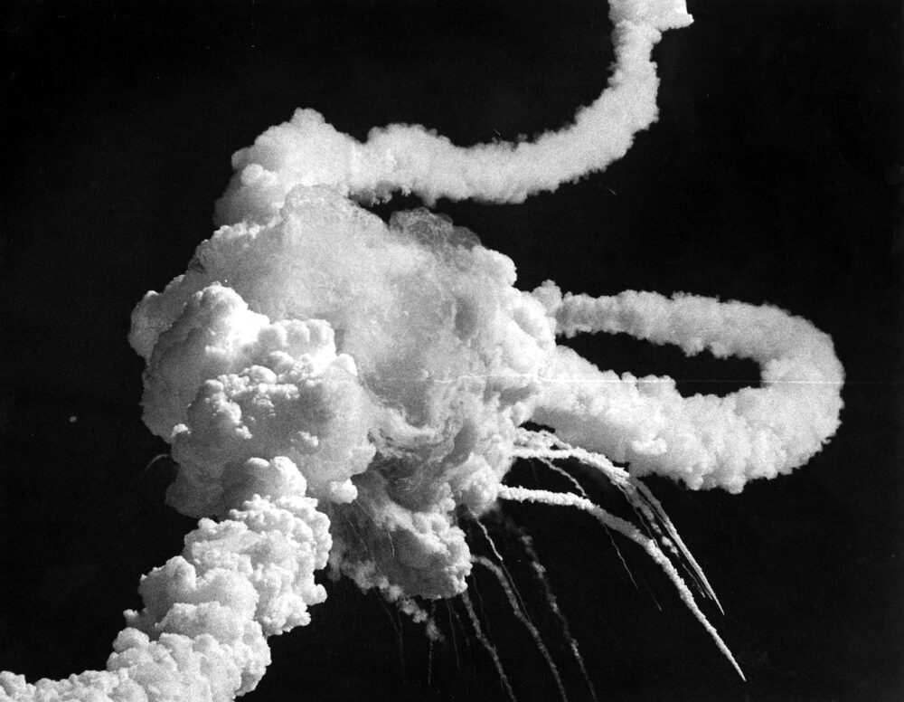 The Space Shuttle Challenger exploding over Cape Canaveral, January 28, 1986