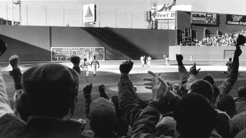 Fans on their feet at the 1979 Red Sox opener at Fenway Park