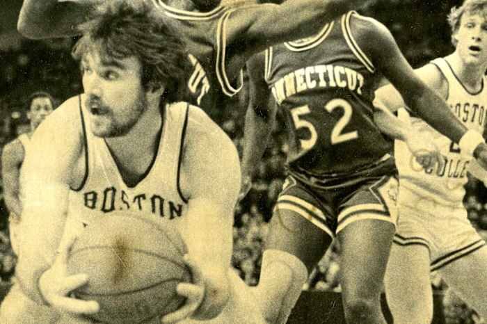 Boston College's Rick Kuhn with the ball against UConn, March 2, 1979, during the point-shaving scandal
